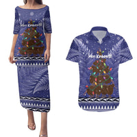 Kiwi New Zealand Christmas Couples Matching Puletasi and Hawaiian Shirt Meri Kirihimete Silver Fern - Blue Color LT14 Blue - Polynesian Pride
