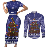 Kiwi New Zealand Christmas Couples Matching Short Sleeve Bodycon Dress and Long Sleeve Button Shirt Meri Kirihimete Silver Fern - Blue Color LT14 Blue - Polynesian Pride