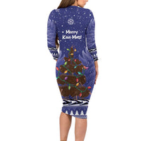 Kiwi New Zealand Christmas Family Matching Long Sleeve Bodycon Dress and Hawaiian Shirt Meri Kirihimete Silver Fern - Blue Color LT14 - Polynesian Pride
