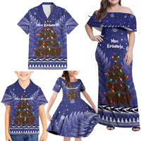 Kiwi New Zealand Christmas Family Matching Off Shoulder Maxi Dress and Hawaiian Shirt Meri Kirihimete Silver Fern - Blue Color LT14 - Polynesian Pride