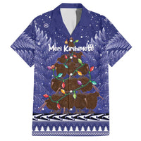 Kiwi New Zealand Christmas Family Matching Puletasi and Hawaiian Shirt Meri Kirihimete Silver Fern - Blue Color LT14 Dad's Shirt - Short Sleeve Blue - Polynesian Pride