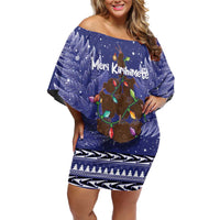 Kiwi New Zealand Christmas Off Shoulder Short Dress Meri Kirihimete Silver Fern - Blue Color LT14 Women Blue - Polynesian Pride