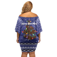 Kiwi New Zealand Christmas Off Shoulder Short Dress Meri Kirihimete Silver Fern - Blue Color LT14 - Polynesian Pride