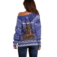 Kiwi New Zealand Christmas Off Shoulder Sweater Meri Kirihimete Silver Fern - Blue Color LT14 - Polynesian Pride