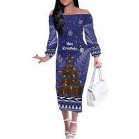 Kiwi New Zealand Christmas Off The Shoulder Long Sleeve Dress Meri Kirihimete Silver Fern - Blue Color LT14 Women Blue - Polynesian Pride
