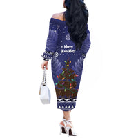 Kiwi New Zealand Christmas Off The Shoulder Long Sleeve Dress Meri Kirihimete Silver Fern - Blue Color LT14 - Polynesian Pride
