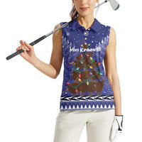 Kiwi New Zealand Christmas Women Sleeveless Polo Shirt Meri Kirihimete Silver Fern - Blue Color LT14 - Polynesian Pride
