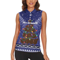 Kiwi New Zealand Christmas Women Sleeveless Polo Shirt Meri Kirihimete Silver Fern - Blue Color LT14 - Polynesian Pride