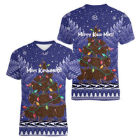 Kiwi New Zealand Christmas Women V-Neck T-Shirt Meri Kirihimete Silver Fern - Blue Color LT14 - Polynesian Pride