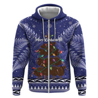 Kiwi New Zealand Christmas Zip Hoodie Meri Kirihimete Silver Fern - Blue Color LT14 Zip Hoodie Blue - Polynesian Pride