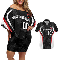 Custom New Zealand Silver Fern Softball Couples Matching Off Shoulder Short Dress and Hawaiian Shirt Go Aotearoa LT14 Black - Polynesian Pride