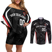 Custom New Zealand Silver Fern Softball Couples Matching Off Shoulder Short Dress and Long Sleeve Button Shirt Go Aotearoa LT14 Black - Polynesian Pride