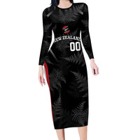 Custom New Zealand Silver Fern Softball Long Sleeve Bodycon Dress Go Aotearoa LT14 Long Dress Black - Polynesian Pride
