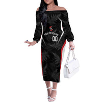 Custom New Zealand Silver Fern Softball Off The Shoulder Long Sleeve Dress Go Aotearoa LT14 Women Black - Polynesian Pride