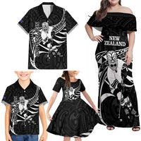 Custom Aotearoa Ice Hockey Family Matching Off Shoulder Maxi Dress and Hawaiian Shirt NZ Tiki Mascot - Maori Pattern LT14 - Polynesian Pride