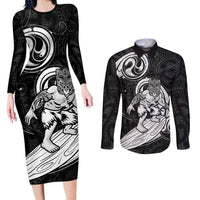 Personalised New Zealand Surfing Couples Matching Long Sleeve Bodycon Dress and Long Sleeve Button Shirt Aotearoa Maori Tiki Haka LT14 Black - Polynesian Pride