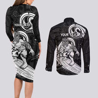 Personalised New Zealand Surfing Couples Matching Long Sleeve Bodycon Dress and Long Sleeve Button Shirt Aotearoa Maori Tiki Haka LT14 - Polynesian Pride