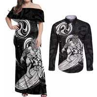 Personalised New Zealand Surfing Couples Matching Off Shoulder Maxi Dress and Long Sleeve Button Shirt Aotearoa Maori Tiki Haka LT14 Black - Polynesian Pride