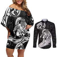 Personalised New Zealand Surfing Couples Matching Off Shoulder Short Dress and Long Sleeve Button Shirt Aotearoa Maori Tiki Haka LT14 Black - Polynesian Pride