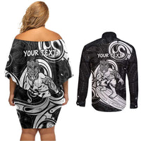 Personalised New Zealand Surfing Couples Matching Off Shoulder Short Dress and Long Sleeve Button Shirt Aotearoa Maori Tiki Haka LT14 - Polynesian Pride