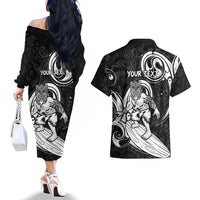 Personalised New Zealand Surfing Couples Matching Off The Shoulder Long Sleeve Dress and Hawaiian Shirt Aotearoa Maori Tiki Haka LT14 - Polynesian Pride