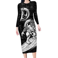 Personalised New Zealand Surfing Family Matching Long Sleeve Bodycon Dress and Hawaiian Shirt Aotearoa Maori Tiki Haka LT14 Mom's Dress Black - Polynesian Pride