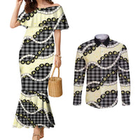 Black Palaka Hawaii Couples Matching Mermaid Dress and Long Sleeve Button Shirt Kukui Nut Pikake Lei Hawaiian Tapa Pattern LT14 Black - Polynesian Pride