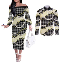 Black Palaka Hawaii Couples Matching Off The Shoulder Long Sleeve Dress and Long Sleeve Button Shirt Kukui Nut Pikake Lei Hawaiian Tapa Pattern LT14 Black - Polynesian Pride