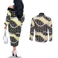 Black Palaka Hawaii Couples Matching Off The Shoulder Long Sleeve Dress and Long Sleeve Button Shirt Kukui Nut Pikake Lei Hawaiian Tapa Pattern LT14 - Polynesian Pride