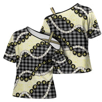 Black Palaka Hawaii Cross Shoulder Shirt Kukui Nut Pikake Lei Hawaiian Tapa Pattern - Polynesian Pride