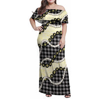 Black Palaka Hawaii Family Matching Off Shoulder Maxi Dress and Hawaiian Shirt Kukui Nut Pikake Lei Hawaiian Tapa Pattern LT14 Mom's Dress Black - Polynesian Pride