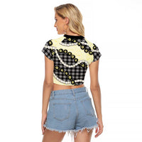 Black Palaka Hawaii Raglan Cropped T Shirt Kukui Nut Pikake Lei Hawaiian Tapa Pattern - Polynesian Pride