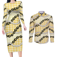 Yellow Palaka Hawaii Couples Matching Long Sleeve Bodycon Dress and Long Sleeve Button Shirt Kukui Nut Pikake Lei Hawaiian Tapa Pattern LT14 Yellow - Polynesian Pride
