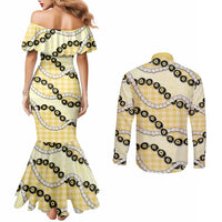 Yellow Palaka Hawaii Couples Matching Mermaid Dress and Long Sleeve Button Shirt Kukui Nut Pikake Lei Hawaiian Tapa Pattern LT14 - Polynesian Pride