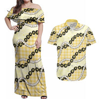 Yellow Palaka Hawaii Couples Matching Off Shoulder Maxi Dress and Hawaiian Shirt Kukui Nut Pikake Lei Hawaiian Tapa Pattern LT14 Yellow - Polynesian Pride