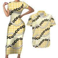 Yellow Palaka Hawaii Couples Matching Short Sleeve Bodycon Dress and Hawaiian Shirt Kukui Nut Pikake Lei Hawaiian Tapa Pattern LT14 Yellow - Polynesian Pride