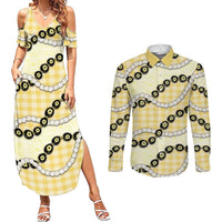Yellow Palaka Hawaii Couples Matching Summer Maxi Dress and Long Sleeve Button Shirt Kukui Nut Pikake Lei Hawaiian Tapa Pattern - Polynesian Pride