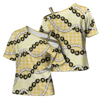 Yellow Palaka Hawaii Cross Shoulder Shirt Kukui Nut Pikake Lei Hawaiian Tapa Pattern - Polynesian Pride