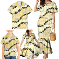 Yellow Palaka Hawaii Family Matching Mermaid Dress and Hawaiian Shirt Kukui Nut Pikake Lei Hawaiian Tapa Pattern LT14 - Polynesian Pride