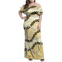 Yellow Palaka Hawaii Family Matching Off Shoulder Maxi Dress and Hawaiian Shirt Kukui Nut Pikake Lei Hawaiian Tapa Pattern LT14 Mom's Dress Yellow - Polynesian Pride