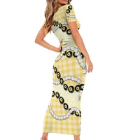 Yellow Palaka Hawaii Family Matching Short Sleeve Bodycon Dress and Hawaiian Shirt Kukui Nut Pikake Lei Hawaiian Tapa Pattern LT14 - Polynesian Pride