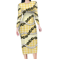 Yellow Palaka Hawaii Long Sleeve Bodycon Dress Kukui Nut Pikake Lei Hawaiian Tapa Pattern - Polynesian Pride