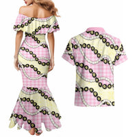 Pink Palaka Hawaii Couples Matching Mermaid Dress and Hawaiian Shirt Kukui Nut Pikake Lei Hawaiian Tapa Pattern LT14 - Polynesian Pride