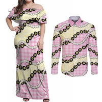 Pink Palaka Hawaii Couples Matching Off Shoulder Maxi Dress and Long Sleeve Button Shirt Kukui Nut Pikake Lei Hawaiian Tapa Pattern - Polynesian Pride
