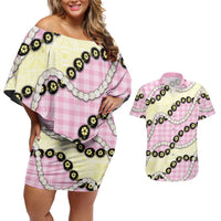 Pink Palaka Hawaii Couples Matching Off Shoulder Short Dress and Hawaiian Shirt Kukui Nut Pikake Lei Hawaiian Tapa Pattern LT14 Pink - Polynesian Pride