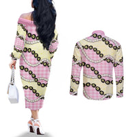 Pink Palaka Hawaii Couples Matching Off The Shoulder Long Sleeve Dress and Long Sleeve Button Shirt Kukui Nut Pikake Lei Hawaiian Tapa Pattern LT14 - Polynesian Pride
