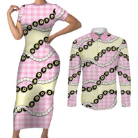 Pink Palaka Hawaii Couples Matching Short Sleeve Bodycon Dress and Long Sleeve Button Shirt Kukui Nut Pikake Lei Hawaiian Tapa Pattern LT14 Pink - Polynesian Pride