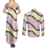 Pink Palaka Hawaii Couples Matching Summer Maxi Dress and Long Sleeve Button Shirt Kukui Nut Pikake Lei Hawaiian Tapa Pattern - Polynesian Pride