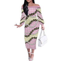 Pink Palaka Hawaii Family Matching Off The Shoulder Long Sleeve Dress and Hawaiian Shirt Kukui Nut Pikake Lei Hawaiian Tapa Pattern LT14 Mom's Dress Pink - Polynesian Pride