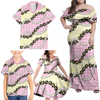 Pink Palaka Hawaii Family Matching Off Shoulder Maxi Dress and Hawaiian Shirt Kukui Nut Pikake Lei Hawaiian Tapa Pattern LT14 - Polynesian Pride